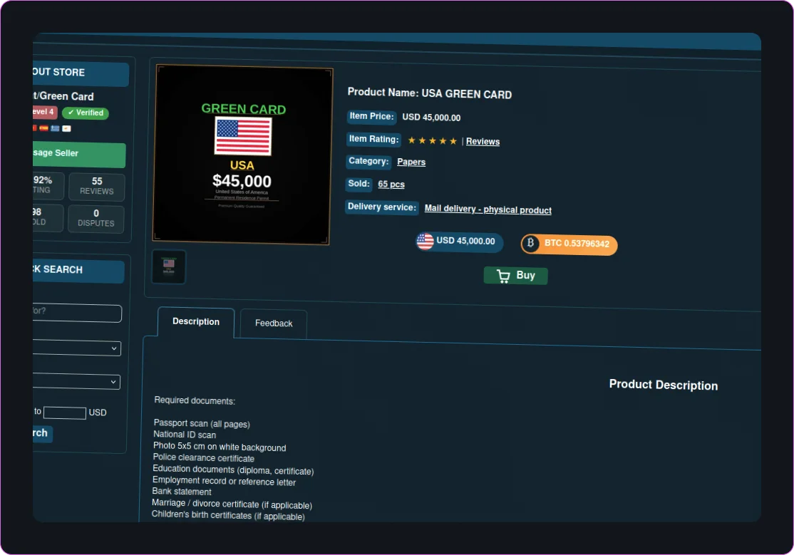Dark web advertisement offering a United States green card for forty five thousand dollars with requirements listed.