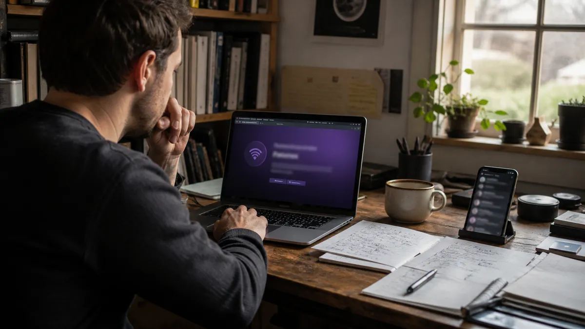 A person is deeply engaged in researching dark web tools using a laptop in a home office.