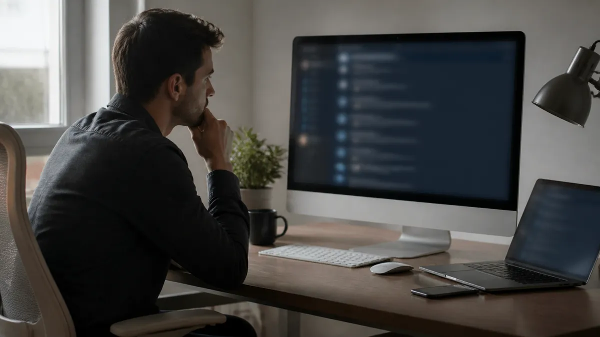 A person is focused on researching .onion search engines in a contemporary office setting.