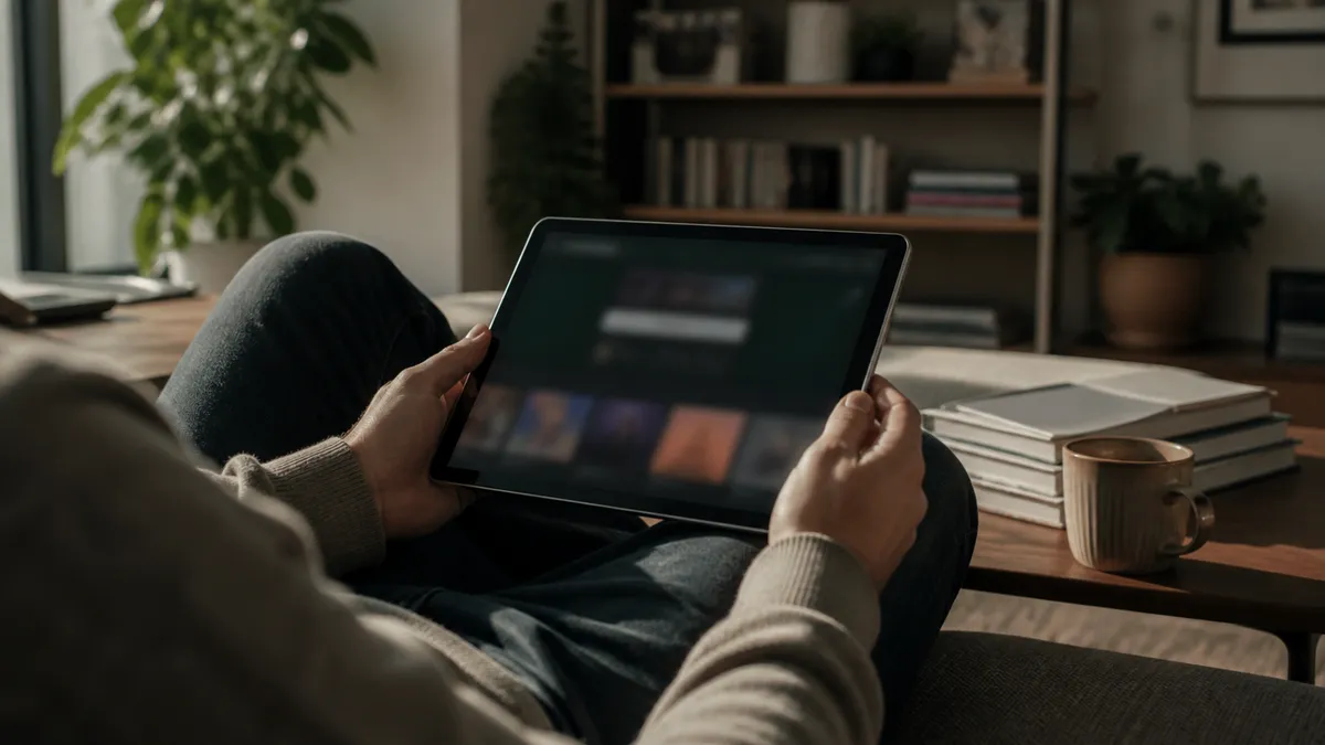 A person using a tablet to explore the Ahmia dark web search engine at home.