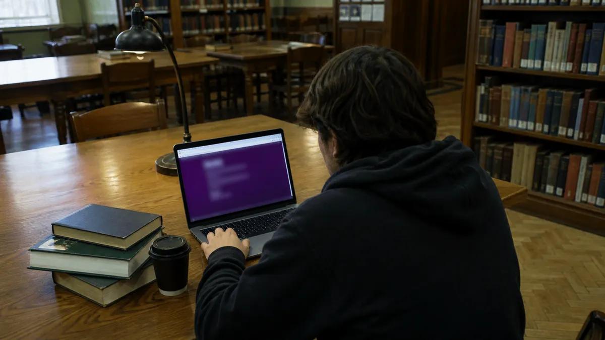 A person is browsing the Tor network in a serene library environment.