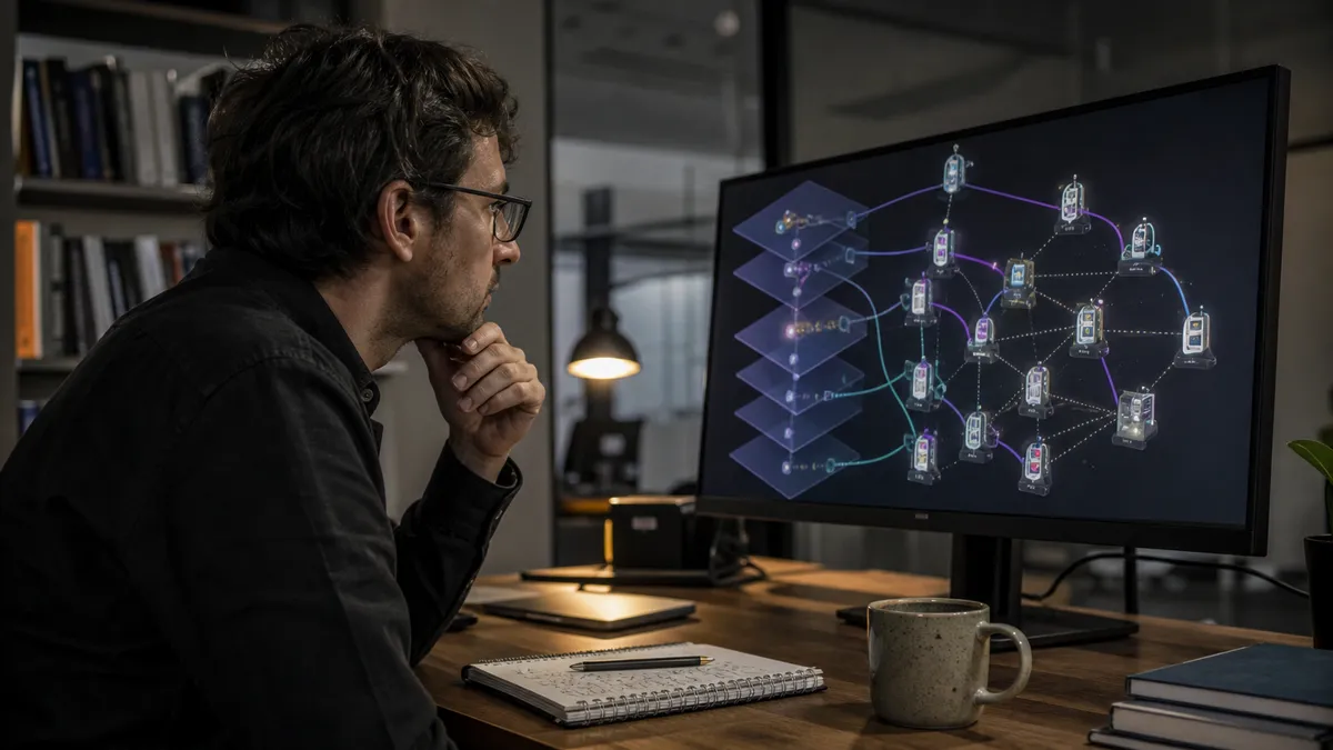 A researcher studies the structure of the Tor network in a modern office setting.