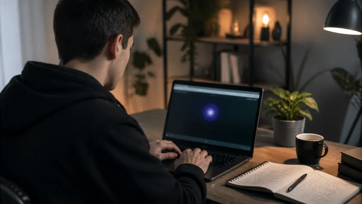 A person engaged in safe exploration of dark web resources using a laptop.