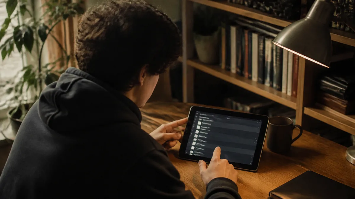 A person is exploring dark web links on a tablet in a cozy room.