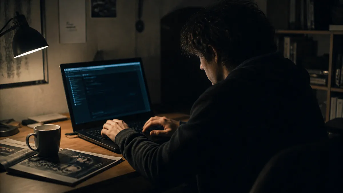 A person browsing dark web links using Tor Browser in a cozy room.