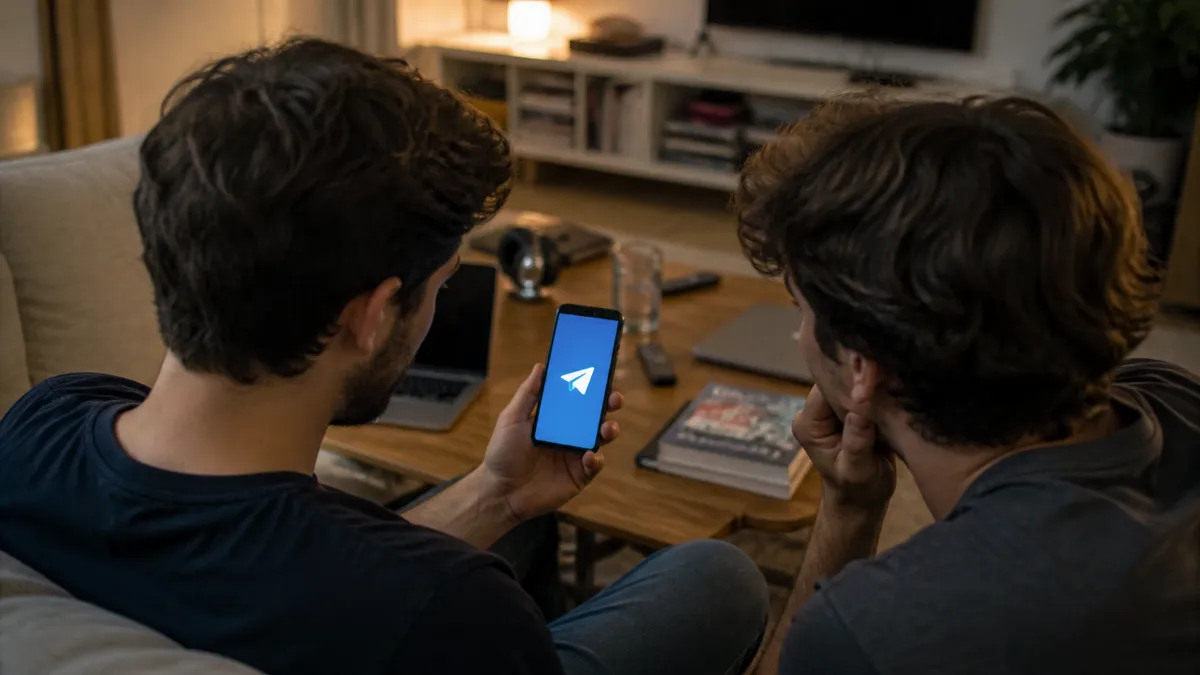 Two individuals discussing dark web links on Telegram in a cozy living room.