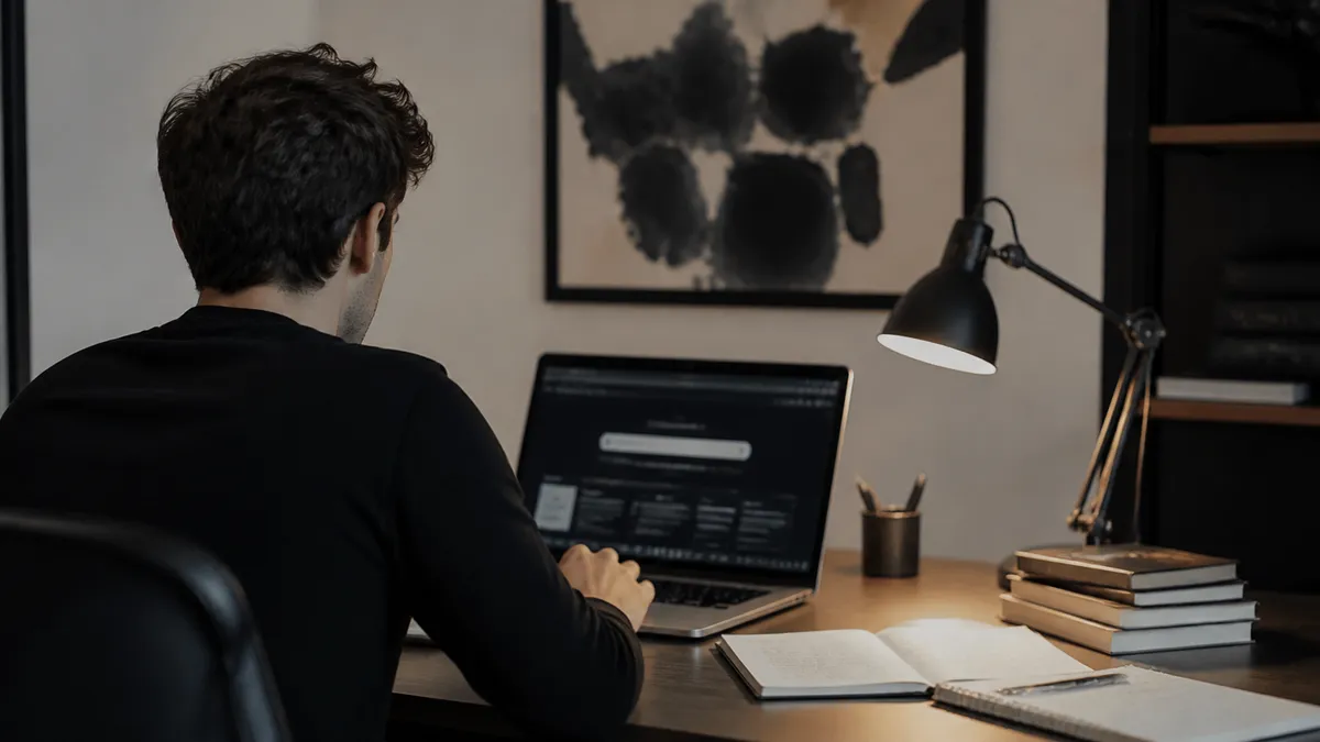 A person researching dark web links using the Torch search engine in a cozy home office.