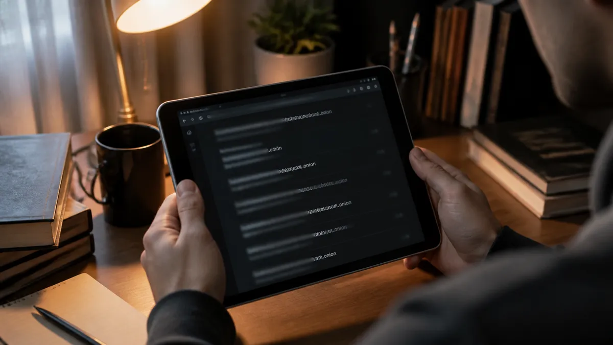 A person explores dark web links on a tablet in a cozy setting.