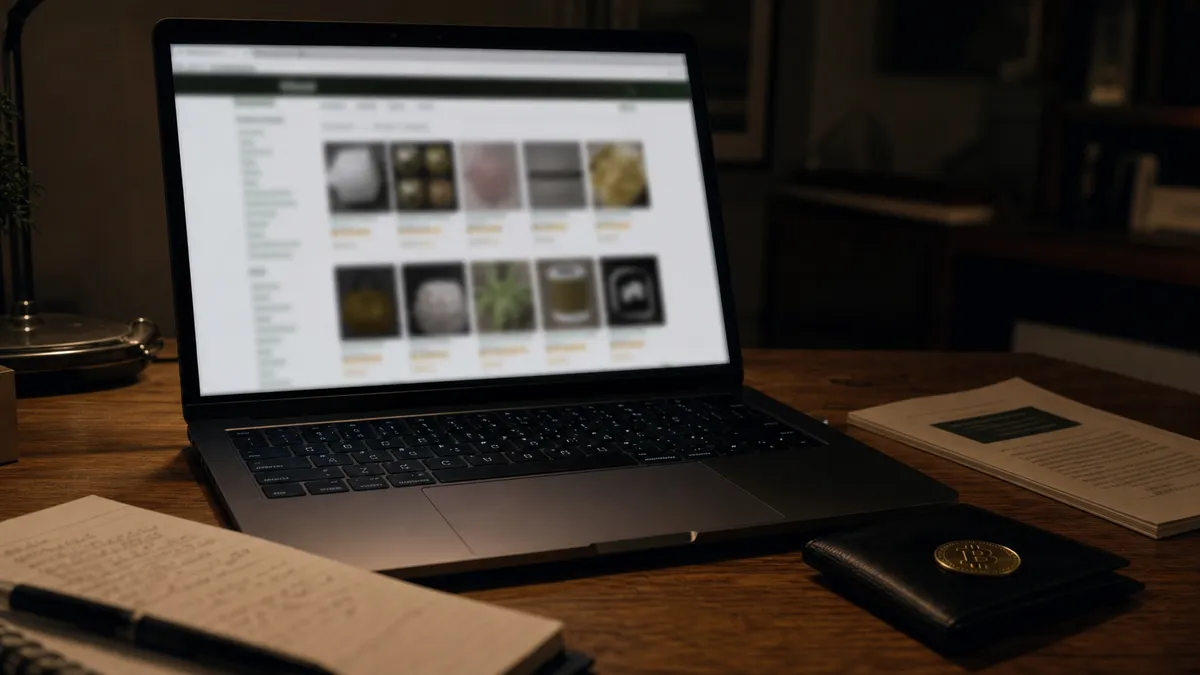 A laptop displaying a blurred Silk Road marketplace on its screen, with surrounding items suggesting dark web exploration.
