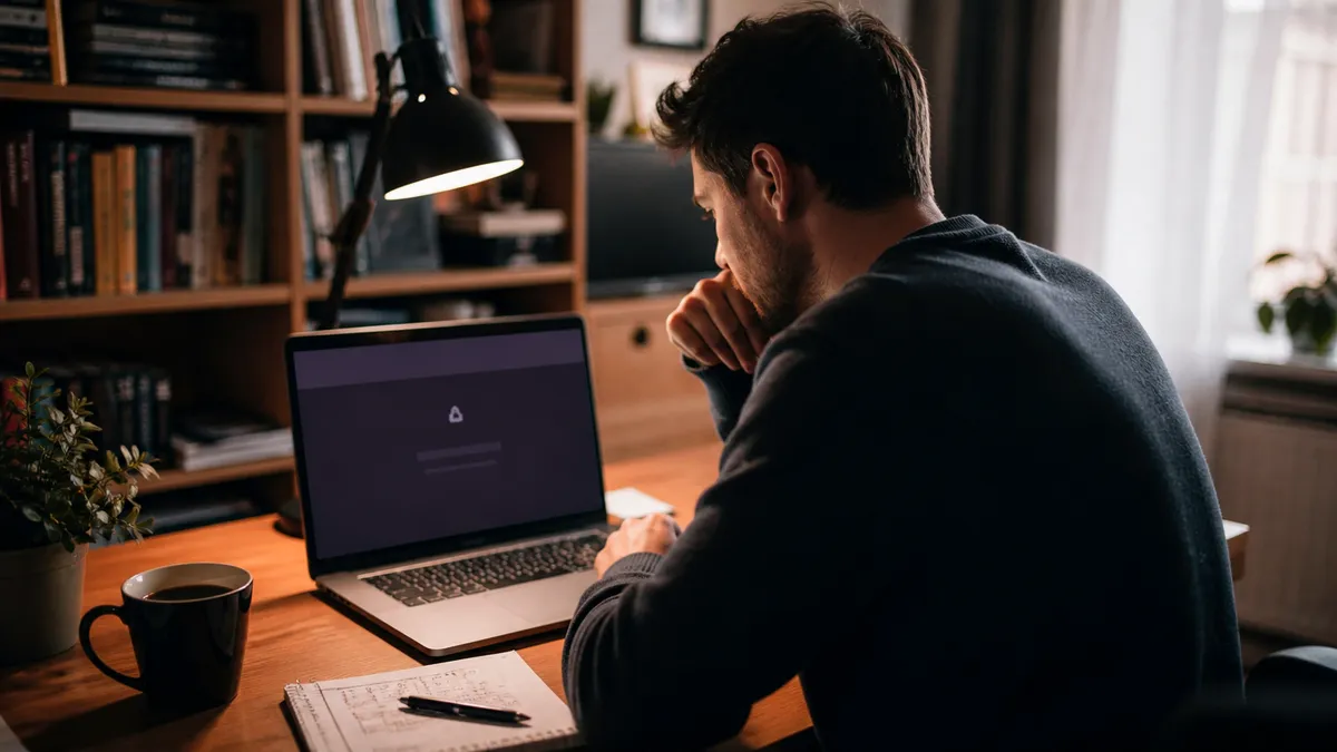 A person is troubleshooting dark web link issues on their laptop in a home office.