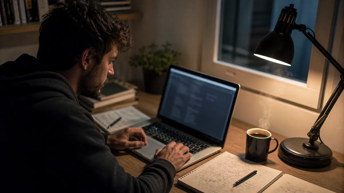 A person navigates dark web resources in a warm home office setting.