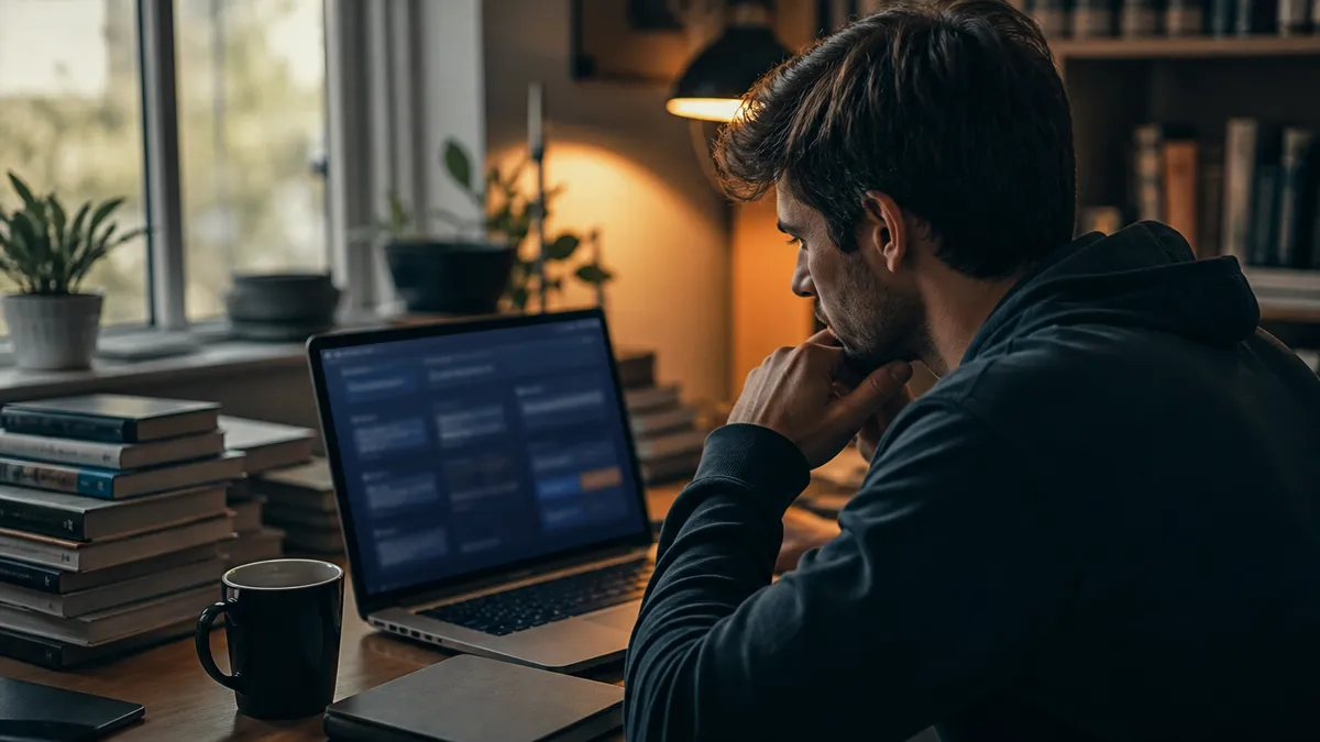 A person focused on comparing dark web search engines in a home office.