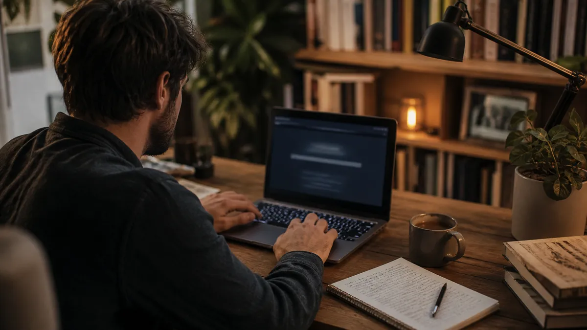 A person engaged in searching the dark web using Haystak in a comfortable home office setting.