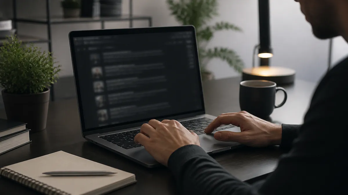 A person reviews dark web search results on a laptop in a home office.