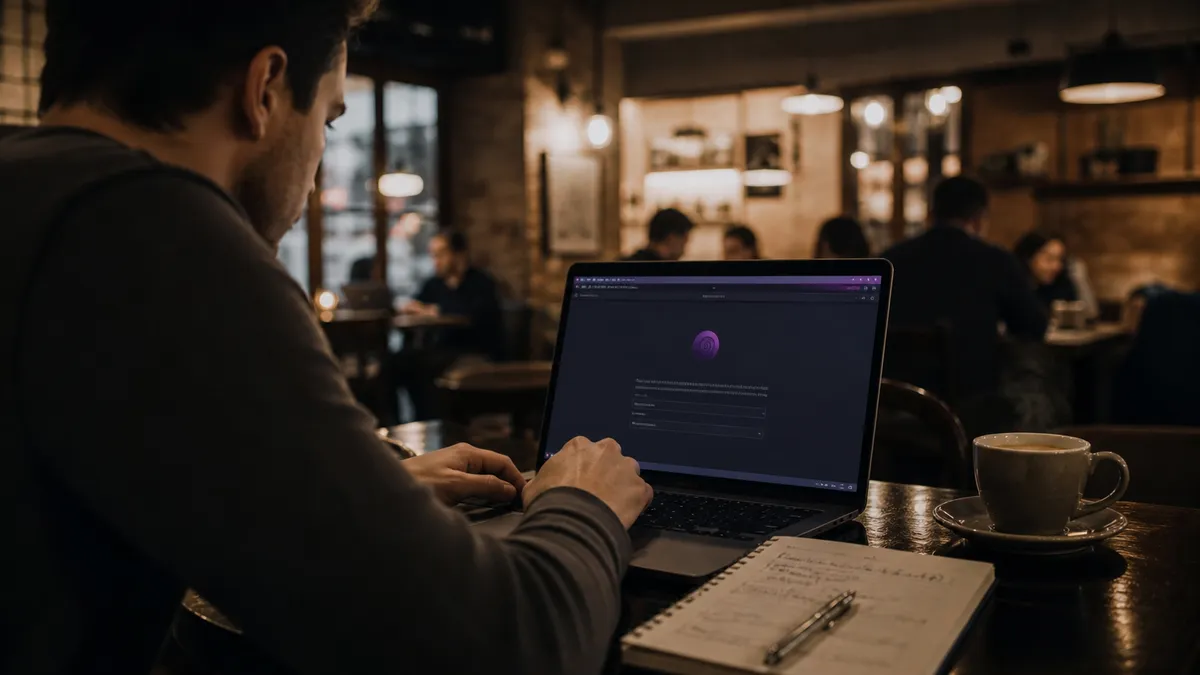 A person explores the dark web using Tor Browser in a cafe.