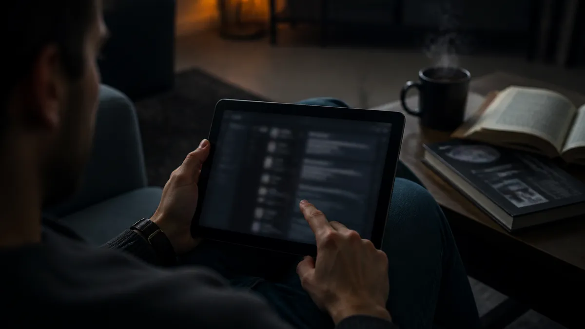 A person explores the Torch dark web search engine on a tablet in a cozy living room setting.