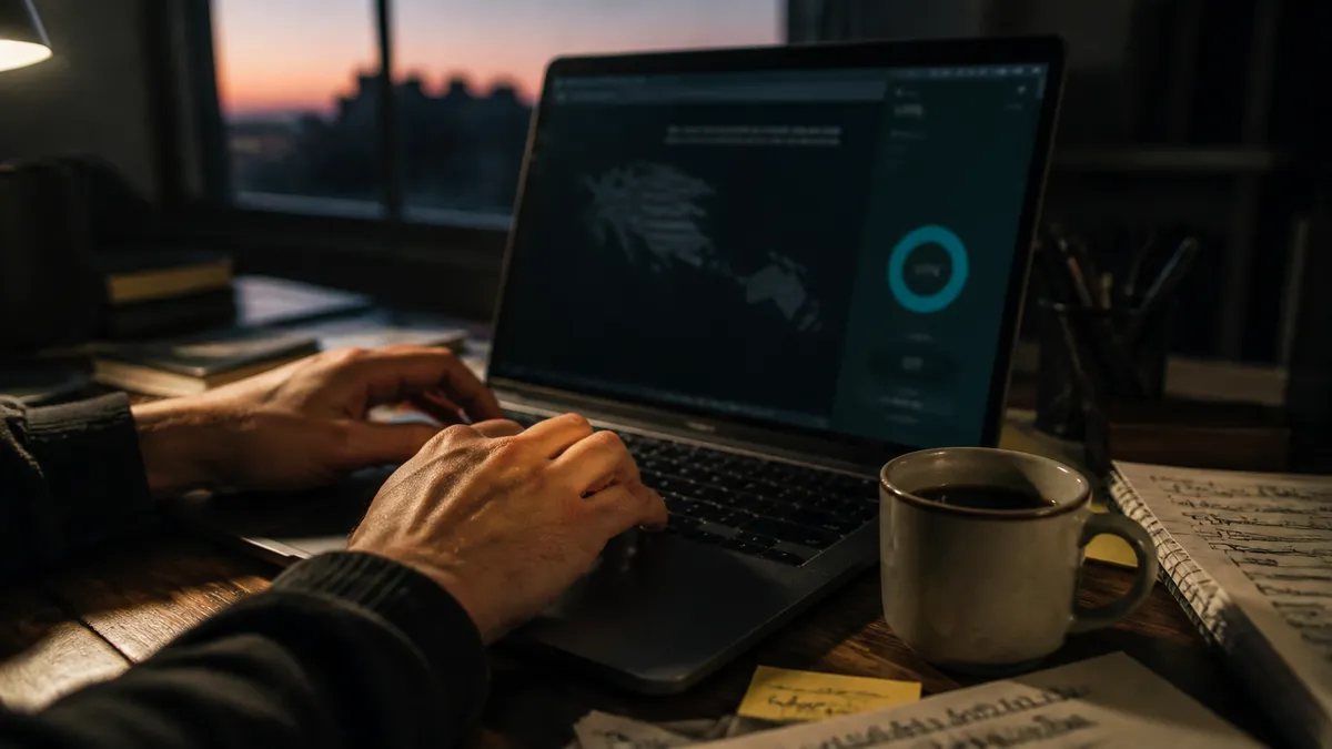 A person securely browsing dark web sites on a laptop at a desk.