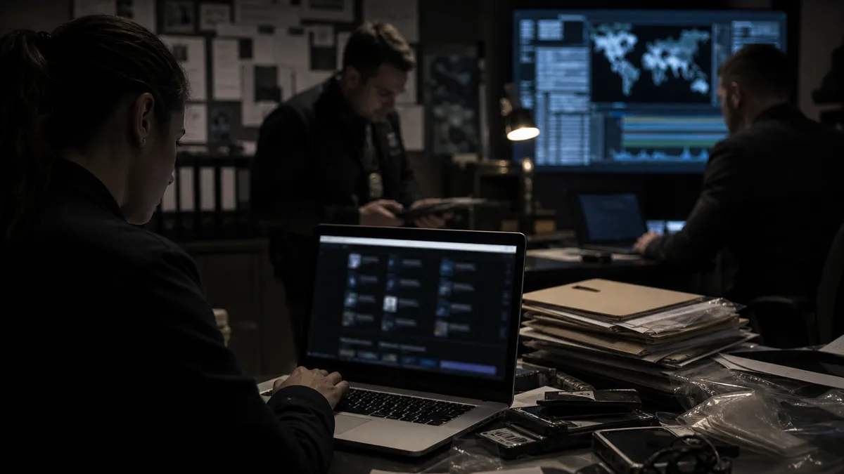 Law enforcement officers analyzing evidence related to dark web takedowns.
