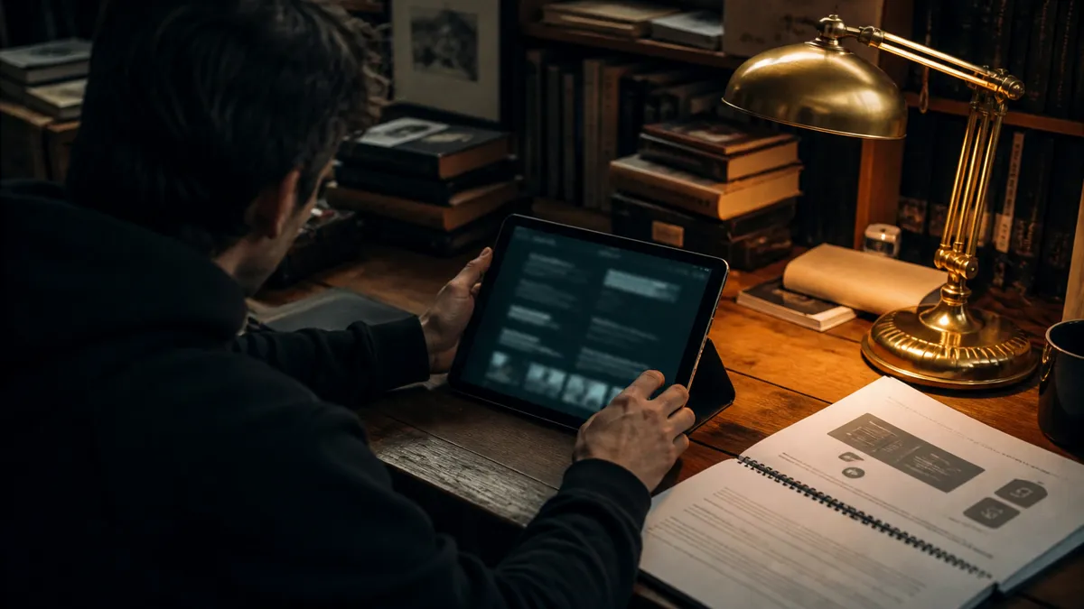 A person safely exploring a dark web search engine on a tablet in a cozy room.