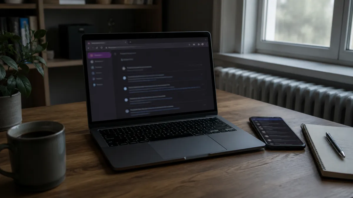 A modern workspace illustrating safe exploration of the dark web with a laptop and smartphone.