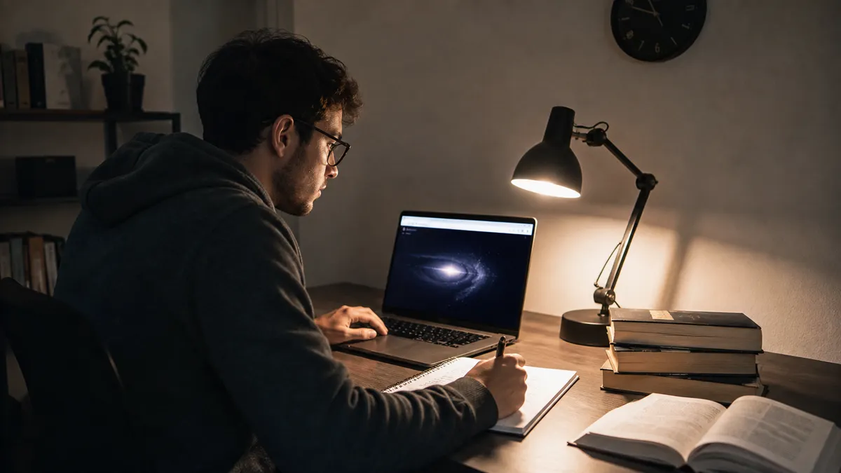 A person studying dark web educational resources at a modern desk.