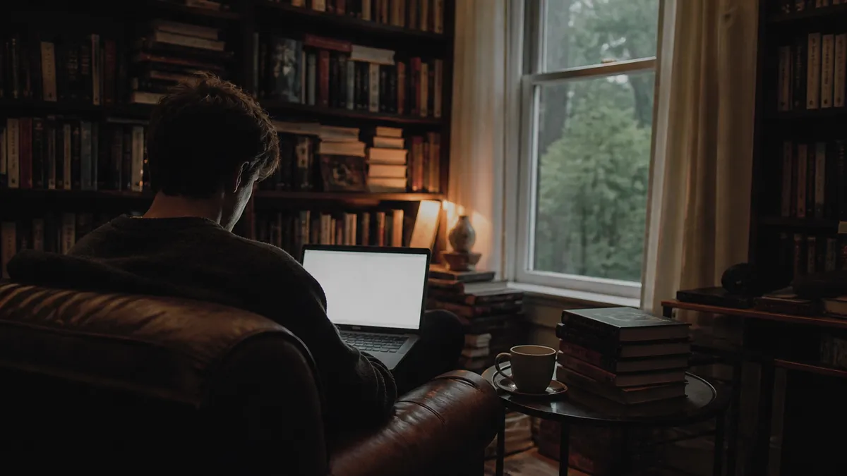 A person immersed in reading on a laptop in a cozy room filled with books.