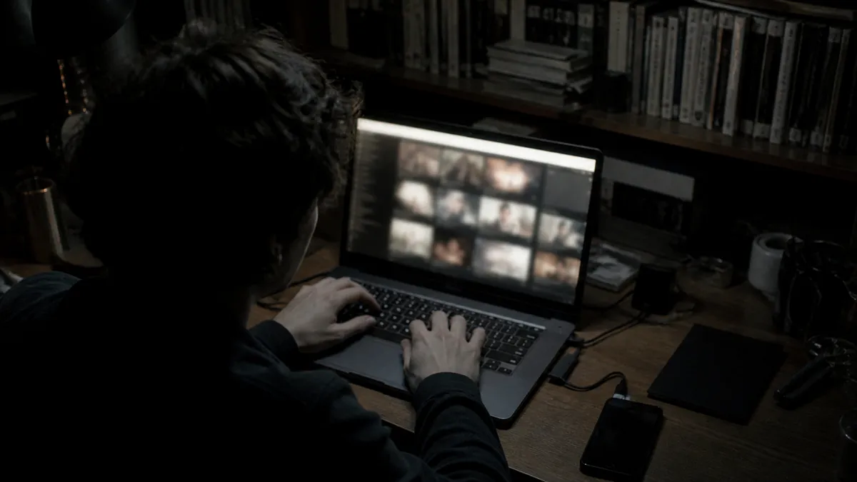 A person engages with a dark web video directory on a laptop in a dimly lit room.