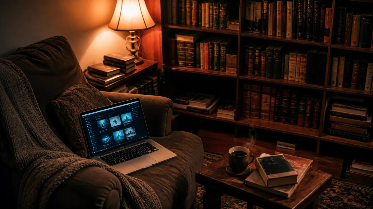 A reading nook showcasing a laptop and a selection of books in soft light.