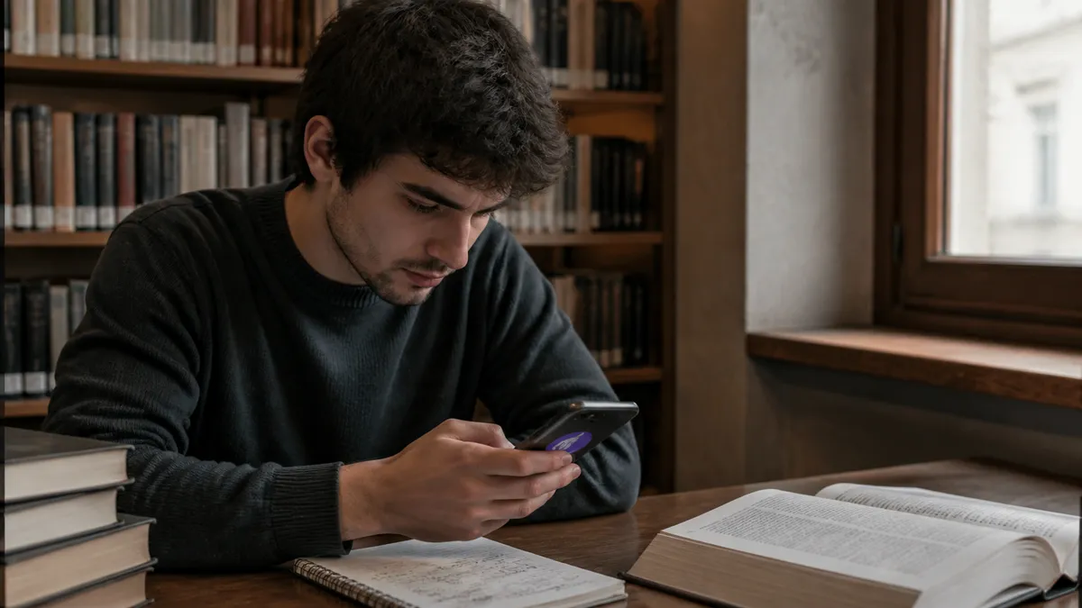 A young adult studies dark web tools on a smartphone in a library setting.