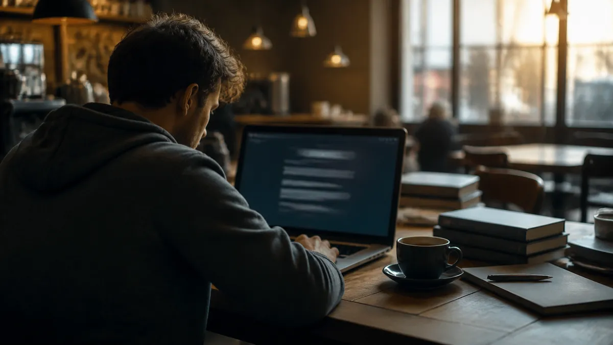 A young adult works on a laptop in a warm café, exploring the dark web.