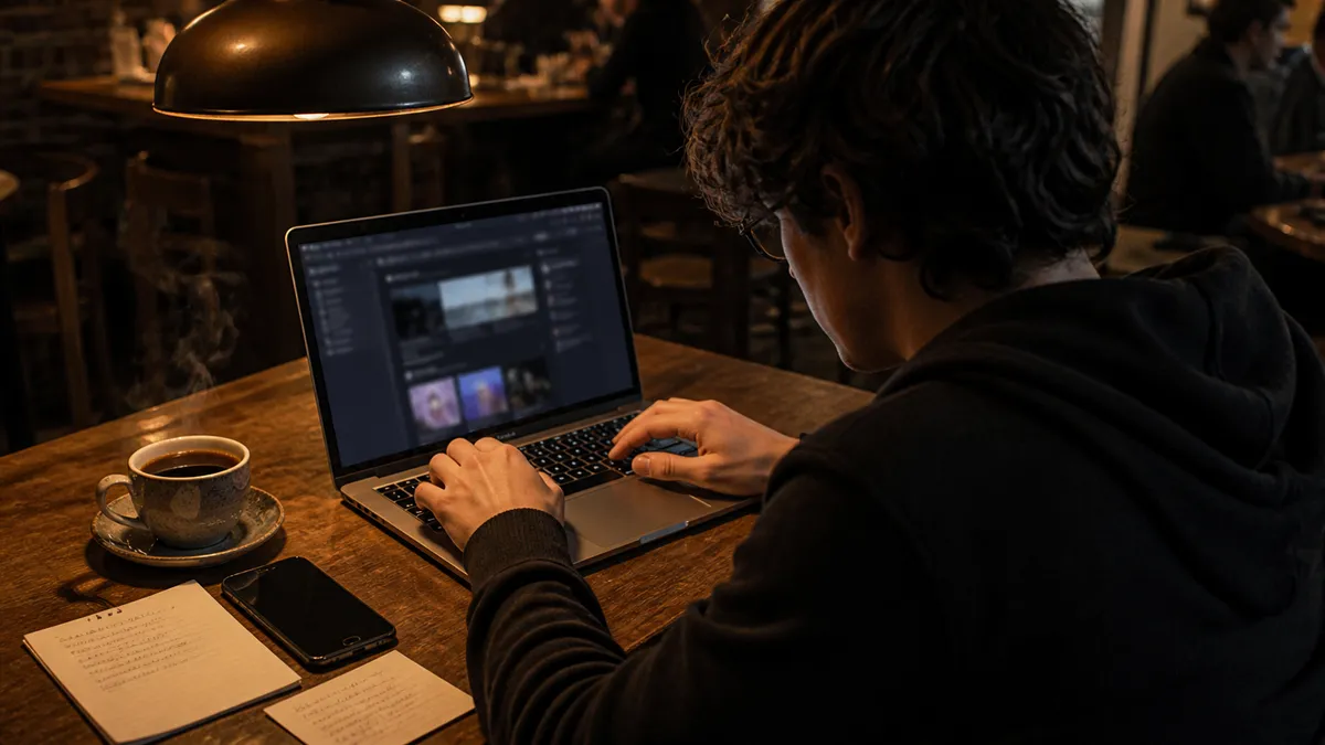 A young person is exploring the Tor Browser in a warm café setting.