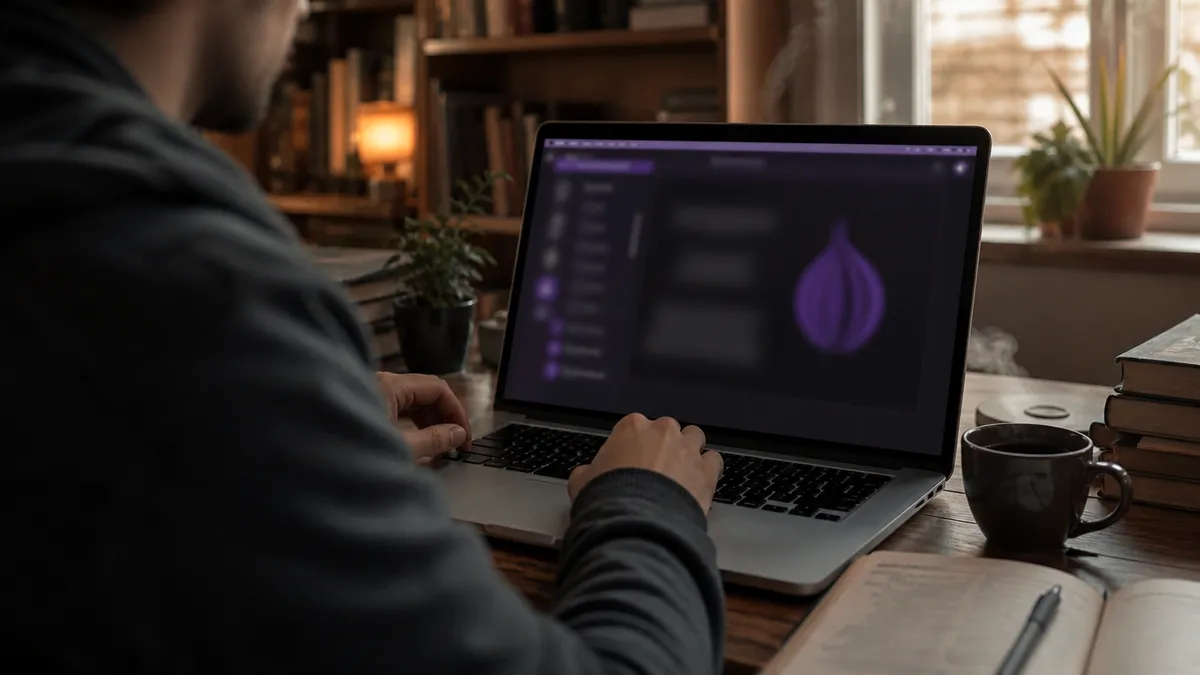 A person exploring the dark web using Tor Browser in a cozy home office.