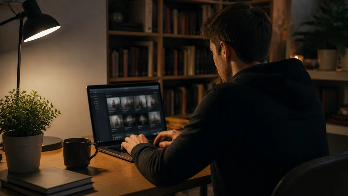 A person navigates dark web store sites on their laptop in a cozy workspace.