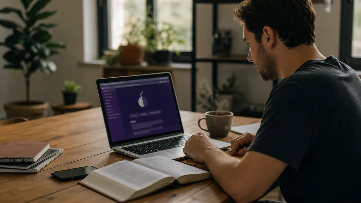 A person researching dark web safety tips while using a laptop at home.