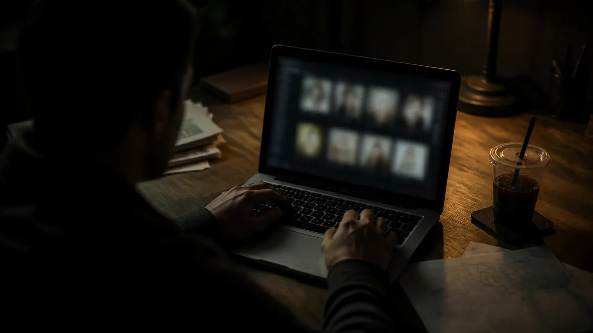 A person is carefully exploring dark web marketplaces on their laptop.