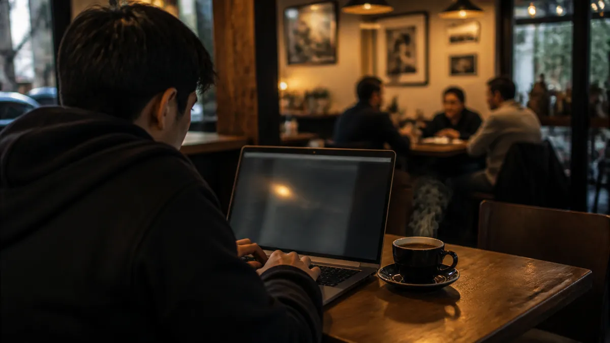 A person focuses on navigating the dark web while in a café.
