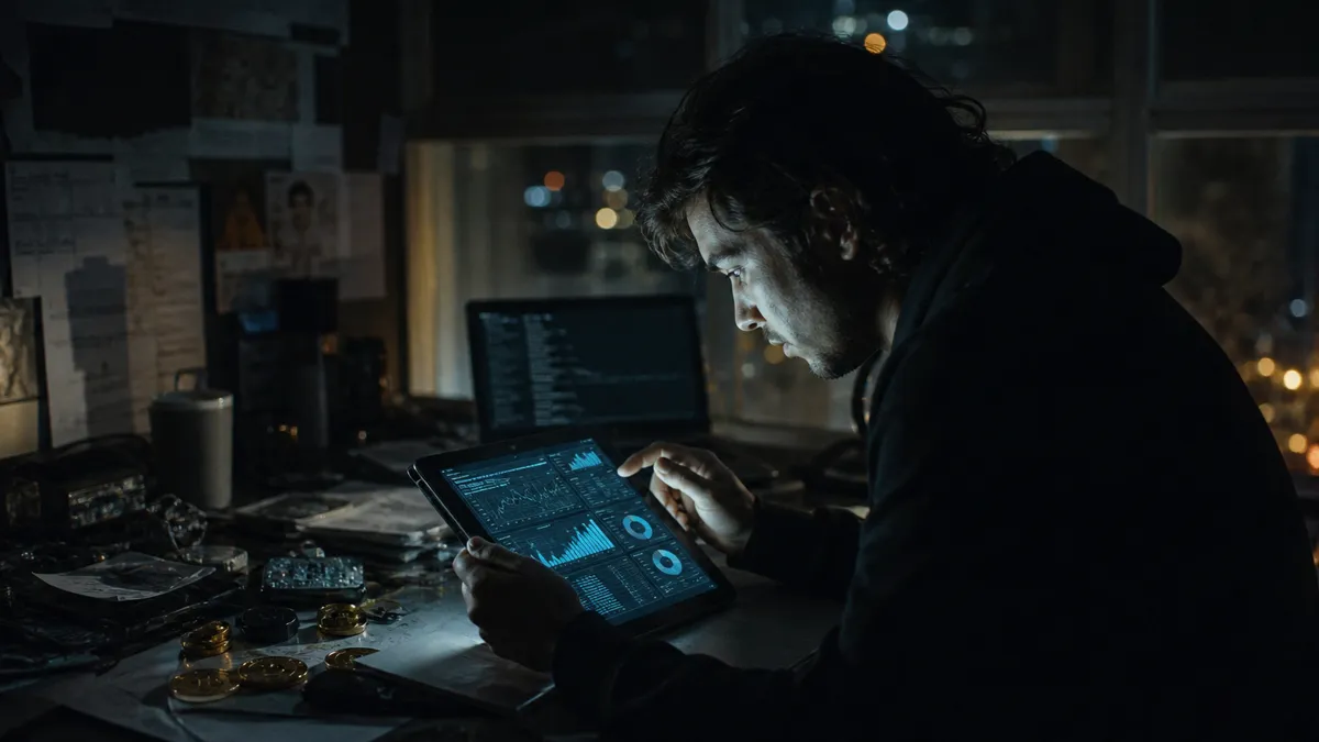 A person analyzing darknet marketplace statistics on a tablet in a dimly lit room.