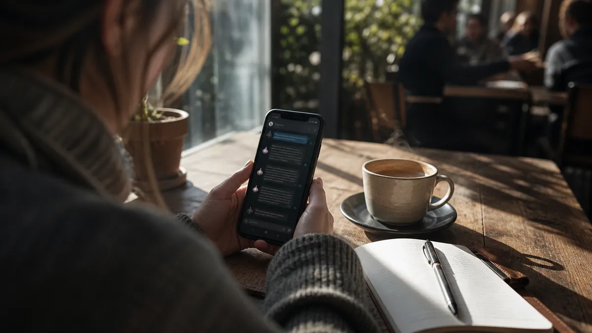 A person uses a smartphone to navigate deep web links shared on Telegram.