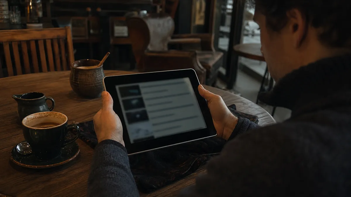 A person exploring deep web links on a tablet in a café setting.