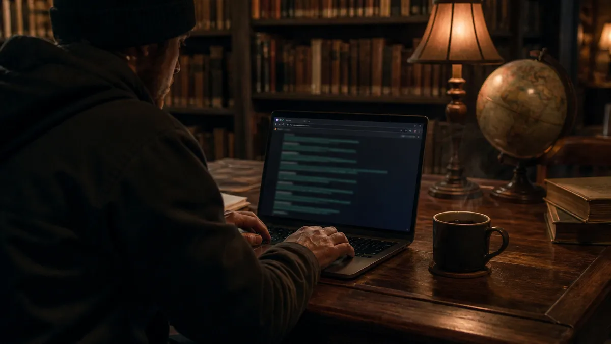 A person focused on a laptop in a cozy library, exploring deep web resources.