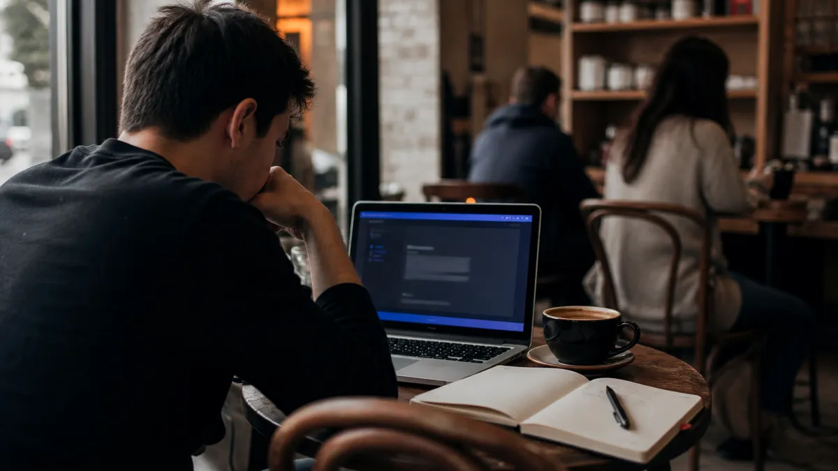 A person is working on their laptop in a coffee shop while using Tor for anonymous communication.