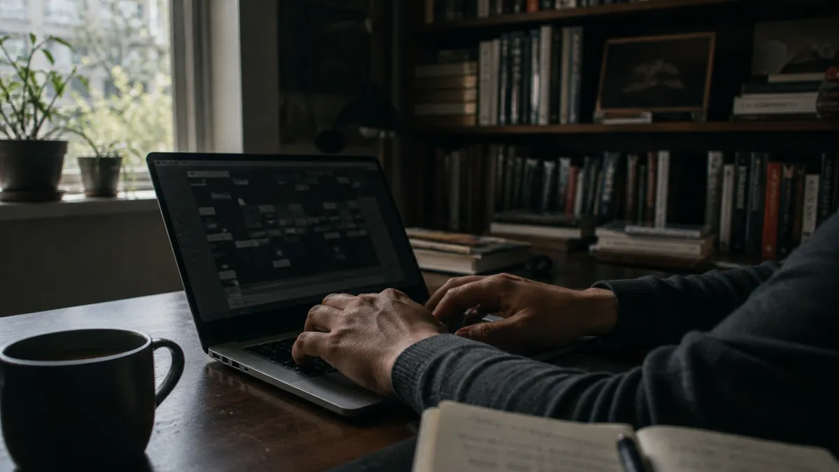 A person is exploring a deep web database in a cozy home office.