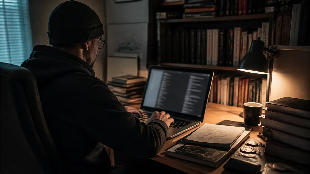 A person engaged in researching deep web marketplaces in a cozy home office.