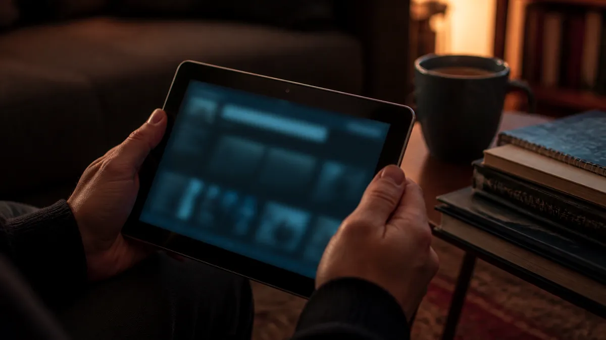 A person using a tablet to explore deep web resources in a cozy living room.