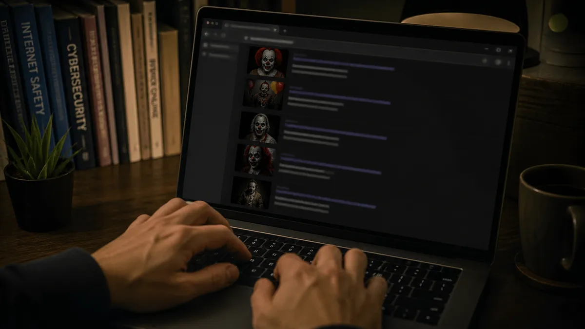 A person exploring dark web resources about clowns on their laptop.
