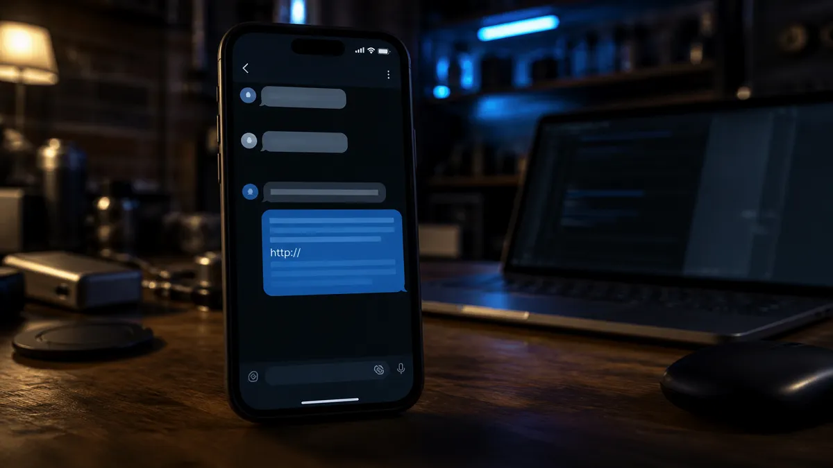 A smartphone on a wooden table showcases deep web links in the Telegram app.