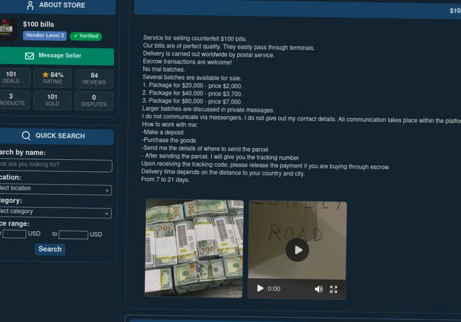 Website interface showing counterfeit dollars for sale with bill images and purchase details.