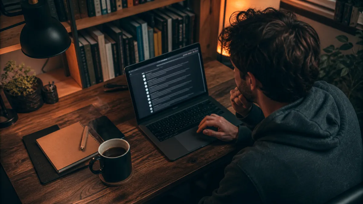 A person immersed in researching onion router sites in a home office.