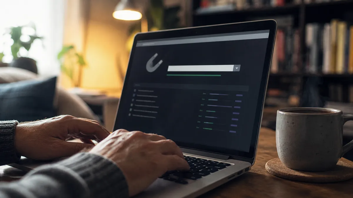 A person exploring magnet links on a laptop in a cozy living room.