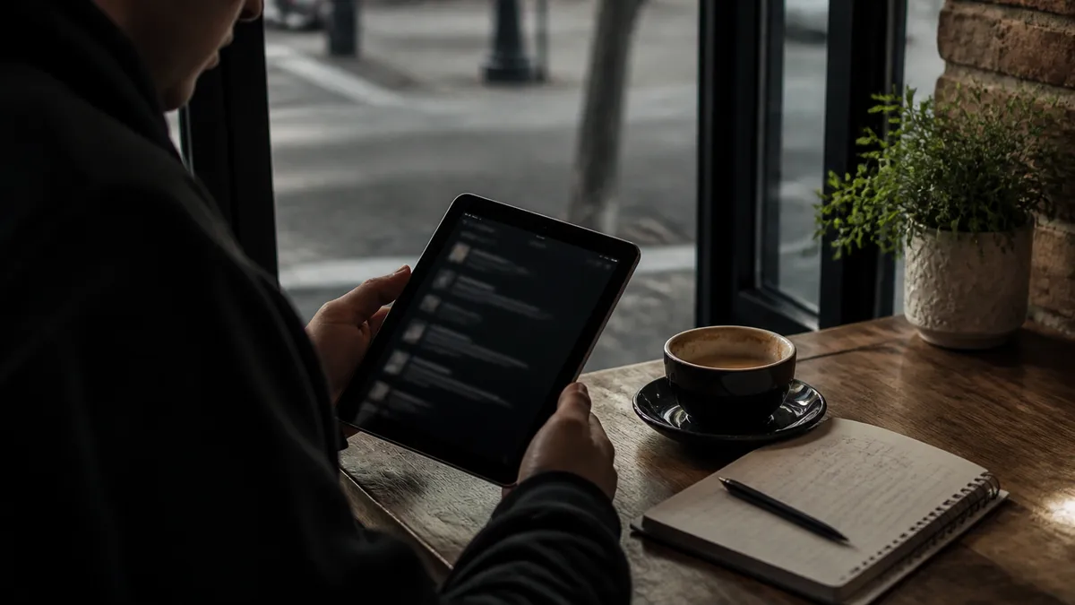 A person at a café studying dark web safety on a tablet.